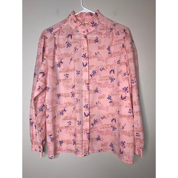 1960s Ruggeri Petal Pink Blue Floral Oriental Feminine Coquette Ruffle Shirt XL - Picture 1 of 6
